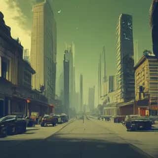 A cityscape rendered in nostalgic futurism — retro-futuristi