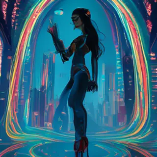 A woman in a futuristic city rendered in cyberpunk Art Nouve