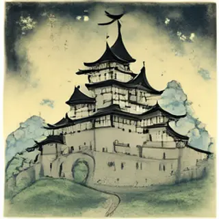 A medieval castle depicted in Japanese ukiyo-e woodblock pri