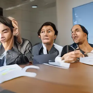 Three coworkers in a meeting: one looking frustrated with fu