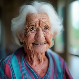 An elderly woman in her 80s with deep wrinkles and white hai