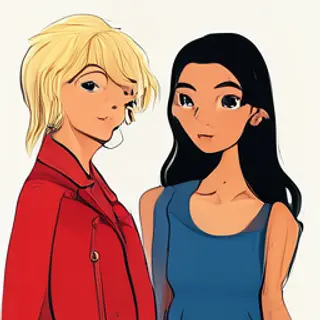 Two women standing side by side: one with short blonde hair 