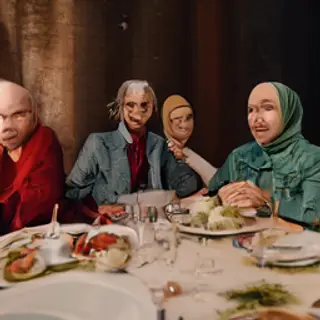 Four people at a dinner table: a bald man in a suit, a woman
