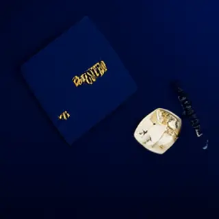 A product flat-lay on a #1A1A2E (deep dark blue) background,