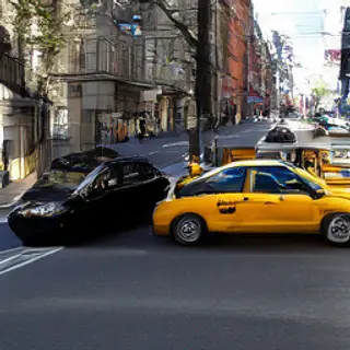 A yellow taxi and a black limousine parked next to each othe