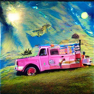 A pink fire truck, a blue banana, and a green sun in a surre