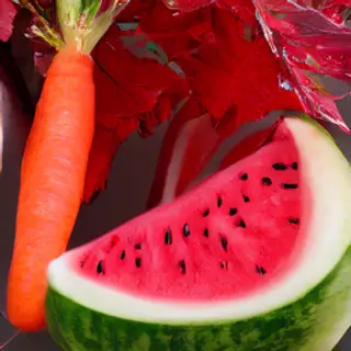 A purple carrot, a red tree with red leaves, and a white wat