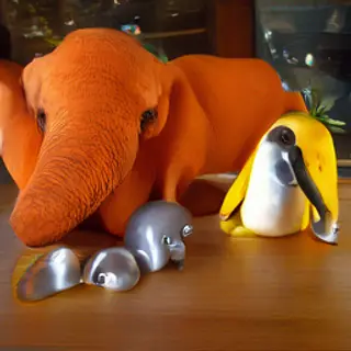 An orange elephant, a yellow penguin, and a silver strawberr