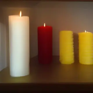 A tall thin white candle, a short fat red candle, and a medi