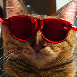 A tabby cat wearing oversized red sunglasses