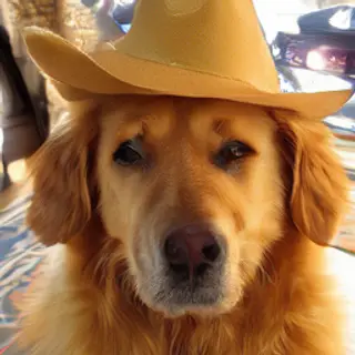 A golden retriever wearing a tiny cowboy hat