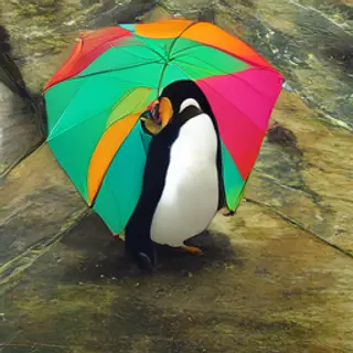 A penguin holding a colorful umbrella
