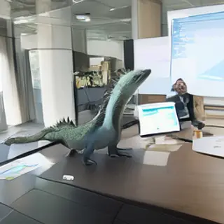 A dinosaur in a business suit giving a PowerPoint presentati