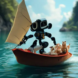 A robot dressed as a pirate sailing a paper boat on a lake o