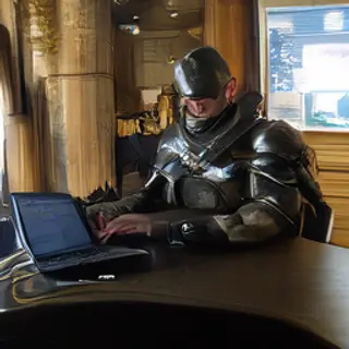 A medieval knight in full armor sitting at a desk typing on 