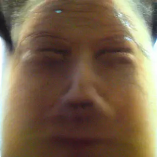 A human face with eyes, nose, and mouth but no eyebrows