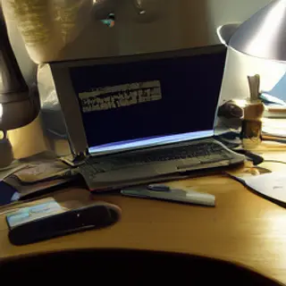 A desk scene: laptop in the center, coffee mug to the left, 