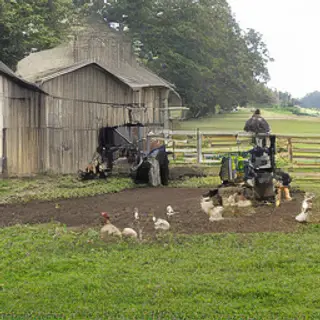 A farm scene with a barn, tractor, farmer, cow, chicken, and