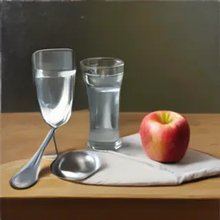 A still life on a wooden table featuring a clear glass of wa