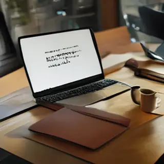 A workspace desk with a brushed aluminum laptop, a leather-b