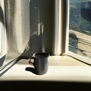 A coffee mug on a sunny windowsill casting a sharp shadow to
