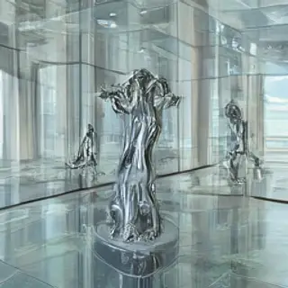 A chrome sculpture in a room with a glass floor and large wi