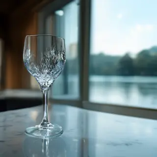 A crystal wine glass on a polished marble counter next to a 