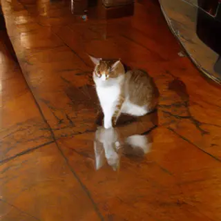 A cat sitting on a polished marble floor with its reflection