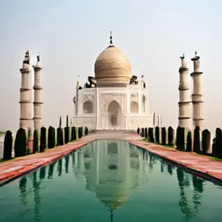 The Taj Mahal in Agra seen from the reflecting pool, with ac