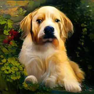 A golden retriever sitting in a garden, painted in the style