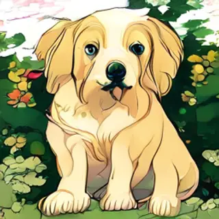 A golden retriever sitting in a garden, rendered in Japanese