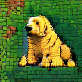 A golden retriever sitting in a garden, rendered in pixel ar