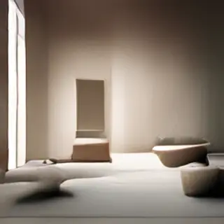 An interior scene rendered in soft brutalism — raw concrete 