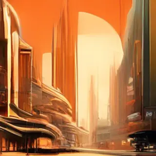 A cityscape rendered in nostalgic futurism — retro-futuristi