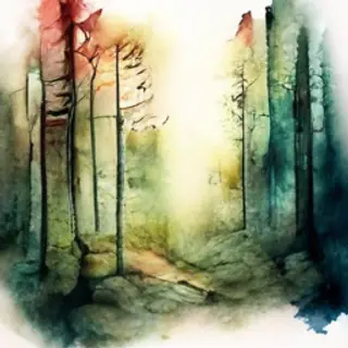 A forest rendered in photorealistic watercolor — the detail 