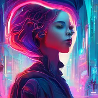 A woman in a futuristic city rendered in cyberpunk Art Nouve