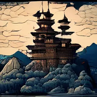 A medieval castle depicted in Japanese ukiyo-e woodblock pri