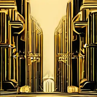 A city street scene in the style of Art Deco — geometric sha