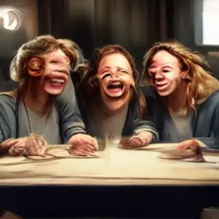 A group of three friends at a table: one laughing with head 