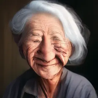 An elderly woman in her 80s with deep wrinkles and white hai