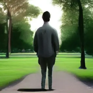 A person standing in a neutral pose in a park, full body vis