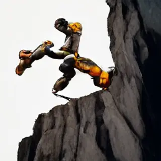 A rock climber clinging to a cliff face with arms and legs e