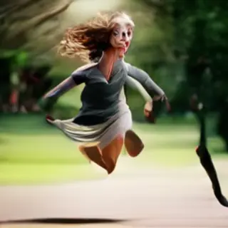 A woman mid-stride running through a park, hair and clothes 