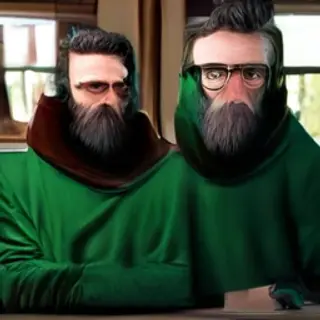 Two men at a cafe: one with a beard and glasses wearing a gr