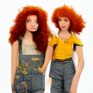 Two friends posing: one tall with curly red hair in denim ov
