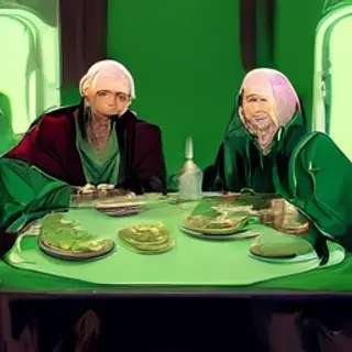 Four people at a dinner table: a bald man in a suit, a woman
