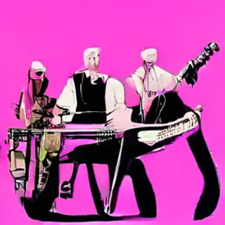 Three musicians on stage: a tall woman with short pink hair 