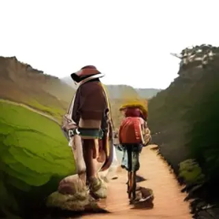 Three hikers on a trail: a man with a backpack and sunhat, a