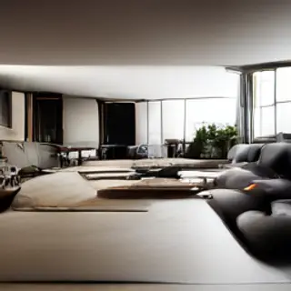 A wide-angle shot of a modern living room interior showing e
