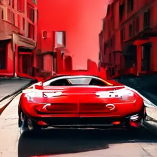 A bright red sports car parked on a gray asphalt road — the 